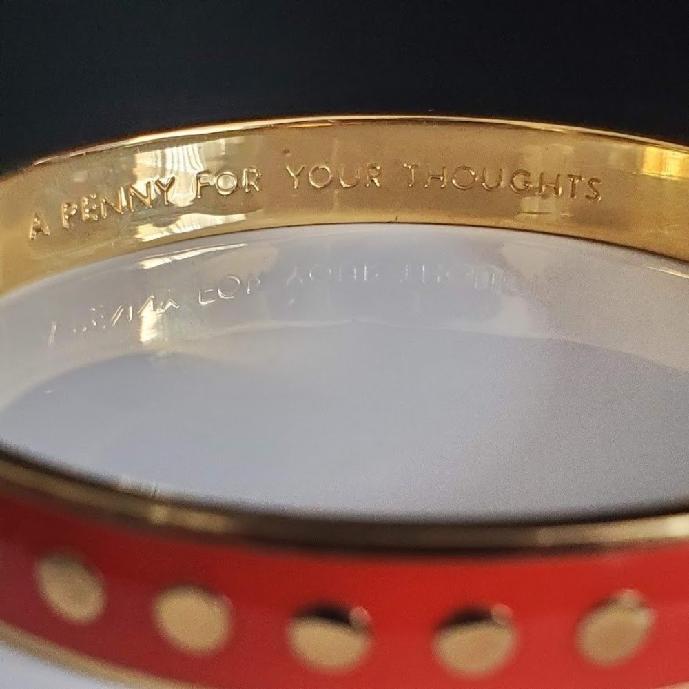 Kate Spade Penny For Your Thoughts Orange Enamel Gold Polka Dot Bangle Bracelet - Picture 3 of 8